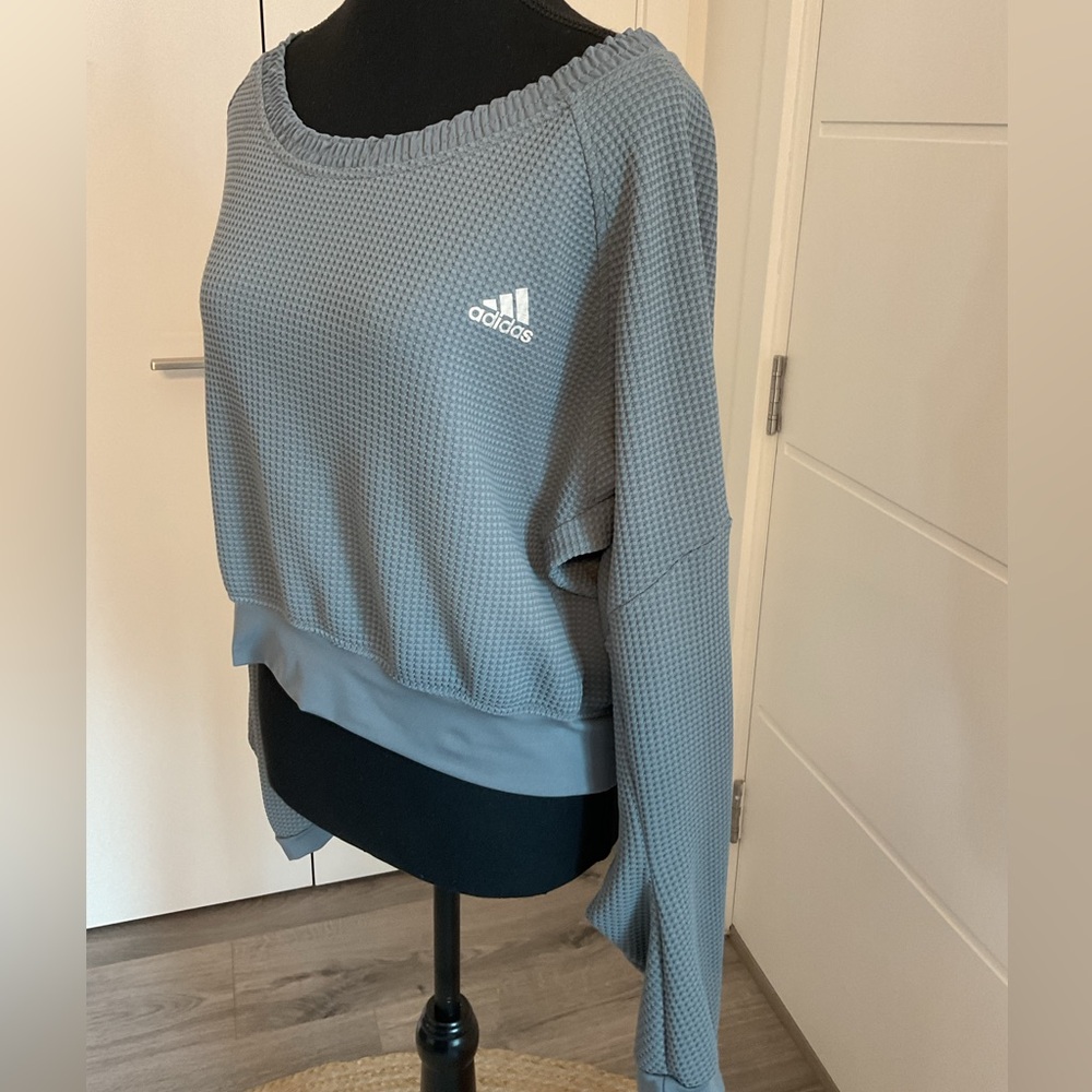 ADIDAS Women’s Running Waffle Weave Boatneck sweatshirt with ruffled neckline,